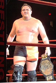 Samoa Joe avec le ceinture de Champion du monde poids lourd de la TNA.