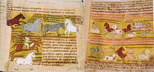 Pages d'un manuscrit ancien, rempli d'écritures. Plusieurs peintures de chevaux sont représentées, y compris des chevaux en liberté et interagissant avec les humains.