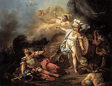 Mars est couché à gauche, Minerve debout tient un bouclier, au dessus d'eux, une femme nue sur un nuage et des angelots