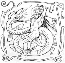 Thor combattant le dragon Miðgarðsormr durant le Ragnarök.