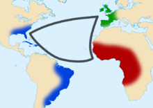 Carte avec un triangle passant par les côtes ouest-africaine, brésilienne, nord-américaine et ouest-européenne