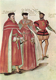 Deux Pairs anglais, l’un vêtu des robes parlementaires et l’autre de celles de l’Ordre de la Jarretière, accompagnés d’un hallebardier dans la tenue de Elisabeth I, par Lucas D’Heere, 1567