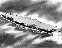 Tableau noir et blanc représentant l'USS United States, un porte-avions sans îlot.