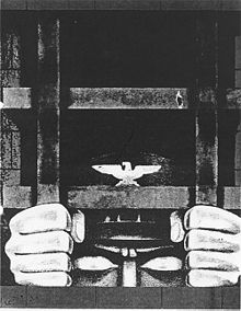 En gros plan apparaît le visage d'un homme portant un képi avec un emblème en forme d'aigle. Son visage est derrière les barreaux d'une cellule de prison et ses mains agrippent les barreaux.