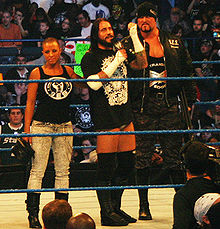 Photographie de l'équipe « Straight Edge Society », composée de CM Punk (au milieu), de Luke Gallows (à droite) et de Serena (à gauche).