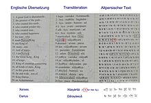 Traduction en anglais et translittération du texte de Xerxès en persan ancien à Ganj Nameh