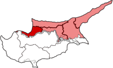 Le district de Kyrenia (en rouge), devenu le district de Girne en 1974