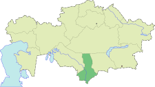 Localisation de l'oblys du Kazakhstan méridional(en rouge) à l'intérieur du Kazakhstan