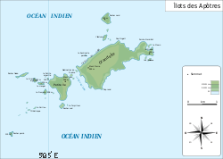 Carte des îlots des Apôtres avec le mont Pierre dans la partie Ouest de Grande île.