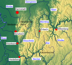 Carte topographique de l'Odenwald.