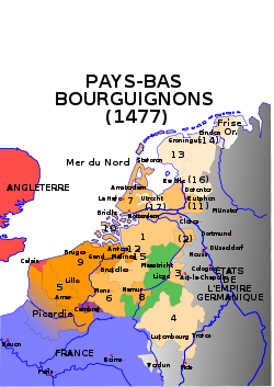 Carte des Pays-Bas bourguignons en 1477 (en niveau d'orange)