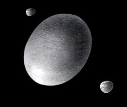 Vue d'artiste de (136108) Haumea et de ses satellites, Hiʻiaka (en bas à droite) et Namaka (en haut à gauche)