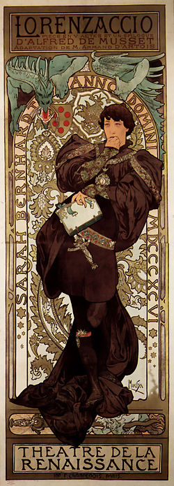 Affiche de théâtre réalisée par Alfons Mucha pour la représentation de Lorenzaccio au Théâtre de la Renaissance, en 1896.