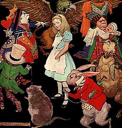 Alice au milieu des principaux personnages du conte par Peter Newell