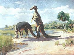 Première reconstitution d'Anatotitan (Trachodon) par Charles R. Knight, 1905.