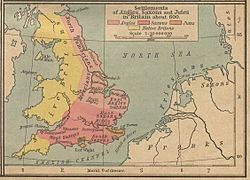 Carte des établissements anglo-saxons en Angleterre vers 600 ; les Saxons du Sud se trouvent le long de la côte sud, à l'ouest du Kent
