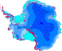 Carte de l'inlandsis de l'Antarctique (tons bleus) par opposition aux terres dépourvues de glace (en magenta).
