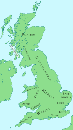 L'île de Grande-Bretagne vers 800. Le Kent se trouve au sud-est.
