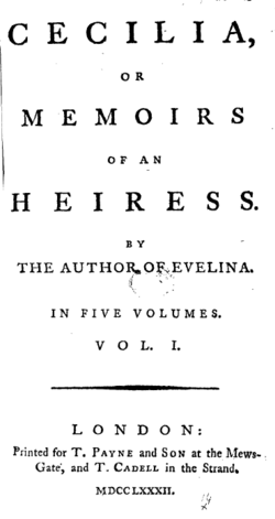 Page titre de la première édition de Cecilia