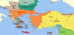 Carte de l'Asie Mineure et des Balkans en 1265 ; l'empire de Trébizonde est situé à l'extrême-est.