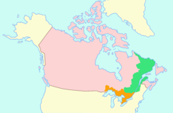 Le Canada-Uni, en orange le Canada-Ouest et en vert le Canada-Est.