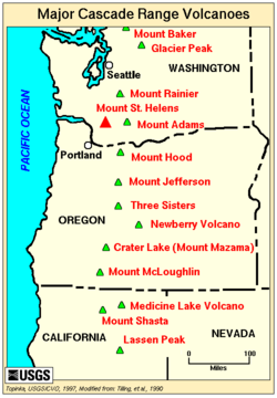 Carte des volcans de la chaîne des Cascades
