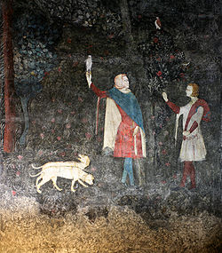 Dans la Chambre du Cerf du Palais des papes d'Avignon, Guillaume III Roger de Beaufort et son père chassent au faucon