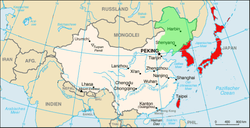 Le Mandchoukouo (en vert) et le Japon (en rouge) en 1932