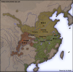 Territoires des Trois Royaumes de Chine en 262.Le royaume de Wu est représenté en vert.