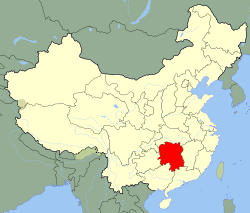 Carte indiquant la localisation du Hunan (en rouge) à l'intérieur de la Chine