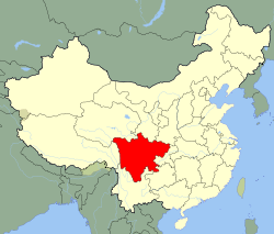 Carte indiquant la localisation du Sichuan (en rouge) à l'intérieur de la Chine