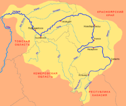 Carte des principaux cours d'eau du bassin du Tchoulym.