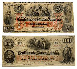 Billets de 5 et de 100 dollars confédérés