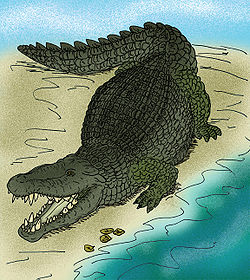 Reconstitution d'un Deinosuchus hatcheri poursuivantle crocodilien Hyposaurus rogersi