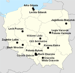 Localisation des clubs participant à la saison 2010-2011 de l'Ekstraklasa.
