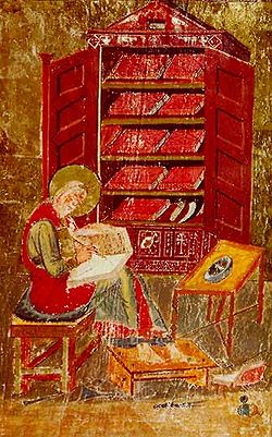 Cassiodore dans la Bibliothèque deVivarium (issu du Codex Amiatinus, VIIIe siècle).