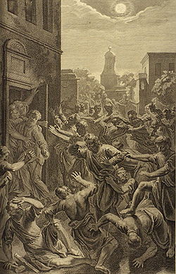 Les sodomites frappés de cécité (Genèse 19:11) ; illustrations de 1728 par Gerard Hoet