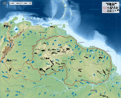 Carte du bouclier guyanais avec les monts Tumuc-Humac à l'est, à la frontière entre le Brésil, le Suriname et la Guyane.