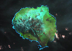 Image satellite de l'île aux Cochons avec le mont Richard-Foy dans le centre de la région en sombre.