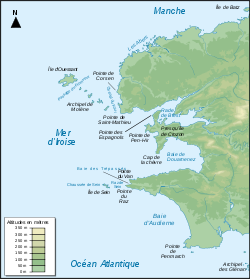 Carte de la mer d'Iroise avec la baie d'Audierne au sud.