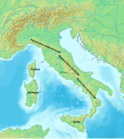 Localisation des trois ensembles de l'Apennin : l'Apennin septentrionnal, l'Apennin central et l'Apennin méridional