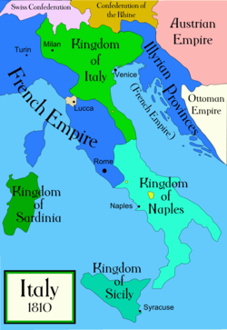 Carte de la péninsule italienne en 1810 ; les provinces illyriennes sont en bleu, sur la partie droite de la carte.