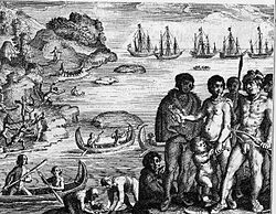 Gravure hollandaise de 1631 qui illustre la rencontre de la flotte commandée par Jacques L'Hermite avec les Amérindiens Yamanas de Terre de Feu en 1624.