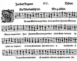 Partition de la voix de déchant (discantus) de la chanson néerlandaise (Ein Niderlendisch lied) à quatre voix Jan mine Man is een goet bloet, par le compositeur Jacobus Regnart, publiée à Nuremberg en 1580 dans le recueil Neue kurtzweilige teutsche Lieder mit fünff Stimmen.