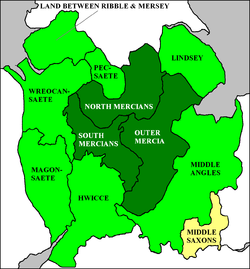 Expansion du royaume de Mercie : VIe siècle (vert foncé), VIIe siècle (vert clair), VIIIe siècle (jaune)