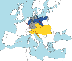Carte de la Confédération germanique en 1820 ; les deux puissances principales, le royaume de Prusse (en bleu) et l'empire d'Autriche (en jaune), n'étaient pas totalement encloses dans les frontières de la Confédération (en rouge).