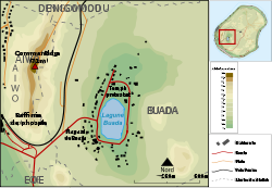 Carte de Nauru avec le Command Ridge au sud-ouest de l'île entre la lagune Buada et la côte.