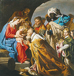 L'adoration des Mages peint par Matthias Stom (vers 1600-1650).