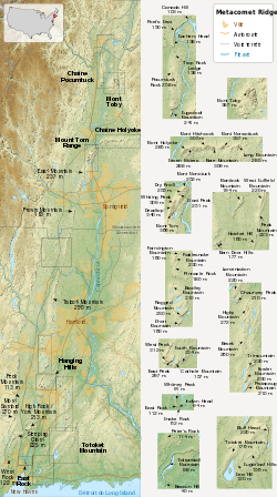 Carte de Metacomet Ridge et de ses différents chaînons.