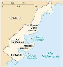 Carte de Monaco ; la frontière terrestre entre les deux pays est visible.